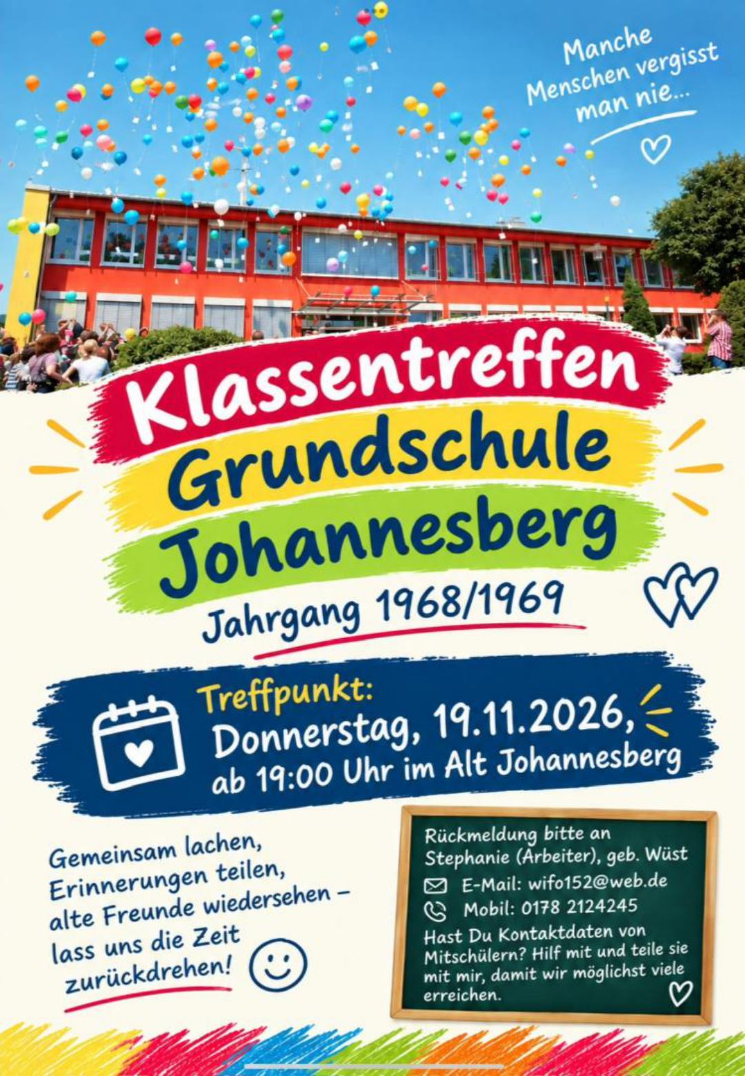 Einladung zum Klassentreffen der Grundschule Johannesberg 1968/1969 mit allen Veranstaltungsdetails